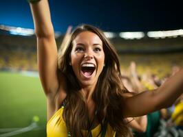 brasileño mujer celebra su fútbol equipos victoria ai generativo foto