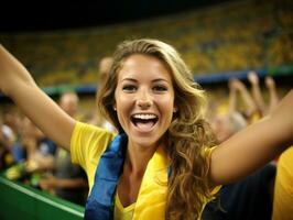 Brazilian woman celebrates his soccer teams victory AI Generative photo