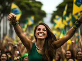 Brazilian woman celebrates his soccer teams victory AI Generative photo