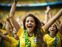 brasileño mujer celebra su fútbol equipos victoria ai generativo foto