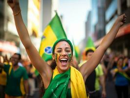 brasileño mujer celebra su fútbol equipos victoria ai generativo foto