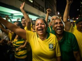 brasileño mujer celebra su fútbol equipos victoria ai generativo foto