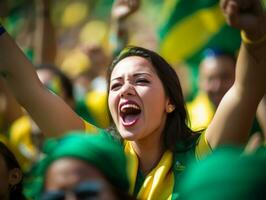 brasileño mujer celebra su fútbol equipos victoria ai generativo foto