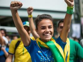 Brazilian woman celebrates his soccer teams victory AI Generative photo