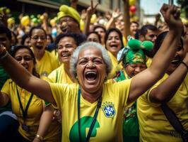 brasileño mujer celebra su fútbol equipos victoria ai generativo foto