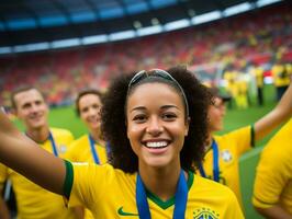 brasileño mujer celebra su fútbol equipos victoria ai generativo foto