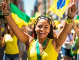 brasileño mujer celebra su fútbol equipos victoria ai generativo foto