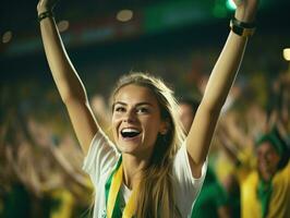 brasileño mujer celebra su fútbol equipos victoria ai generativo foto