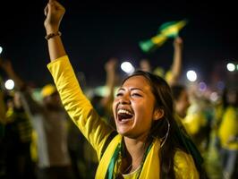 Brazilian woman celebrates his soccer teams victory AI Generative photo