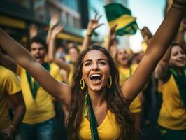 Brazilian woman celebrates his soccer teams victory AI Generative photo