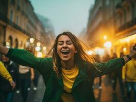 brasileño mujer celebra su fútbol equipos victoria ai generativo foto