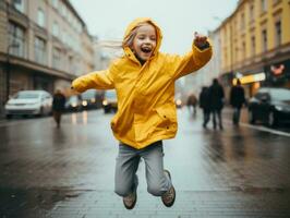 Carefree child joyfully dances in the refreshing rain AI Generative photo