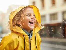 Carefree child joyfully dances in the refreshing rain AI Generative photo
