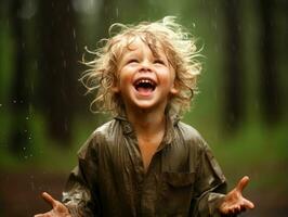 Carefree child joyfully dances in the refreshing rain AI Generative photo