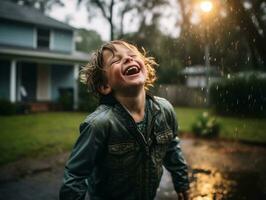 Carefree child joyfully dances in the refreshing rain AI Generative photo