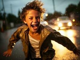 Carefree child joyfully dances in the refreshing rain AI Generative photo