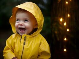 Carefree child joyfully dances in the refreshing rain AI Generative photo