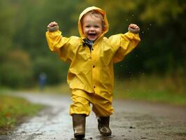 Carefree child joyfully dances in the refreshing rain AI Generative photo