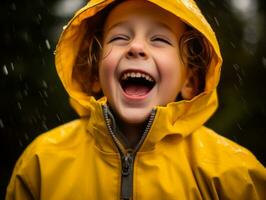 Carefree child joyfully dances in the refreshing rain AI Generative photo