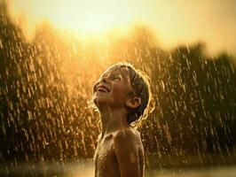 Carefree child joyfully dances in the refreshing rain AI Generative photo