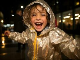 Carefree child joyfully dances in the refreshing rain AI Generative photo