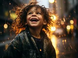 Carefree child joyfully dances in the refreshing rain AI Generative photo