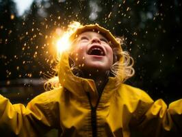 Carefree child joyfully dances in the refreshing rain AI Generative photo