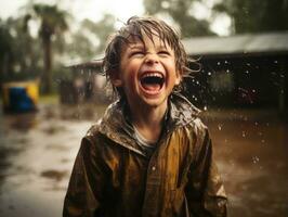 Carefree child joyfully dances in the refreshing rain AI Generative photo