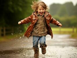 despreocupado niño alegremente bailes en el refrescante lluvia ai generativo foto