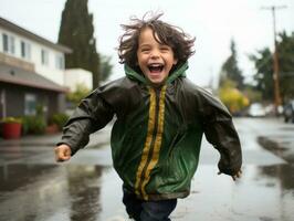 Carefree child joyfully dances in the refreshing rain AI Generative photo