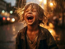 despreocupado niño alegremente bailes en el refrescante lluvia ai generativo foto