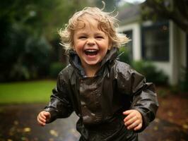 Carefree child joyfully dances in the refreshing rain AI Generative photo