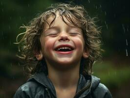 despreocupado niño alegremente bailes en el refrescante lluvia ai generativo foto