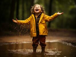 Carefree child joyfully dances in the refreshing rain AI Generative photo