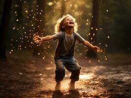 Carefree child joyfully dances in the refreshing rain AI Generative photo