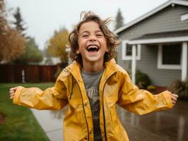 Carefree child joyfully dances in the refreshing rain AI Generative photo