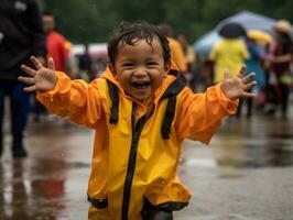 Carefree child joyfully dances in the refreshing rain AI Generative photo