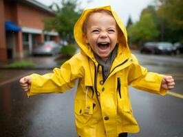 Carefree child joyfully dances in the refreshing rain AI Generative photo