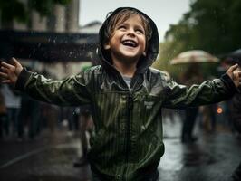 Carefree child joyfully dances in the refreshing rain AI Generative photo