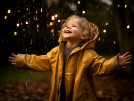 Carefree child joyfully dances in the refreshing rain AI Generative photo