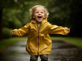 Carefree child joyfully dances in the refreshing rain AI Generative photo