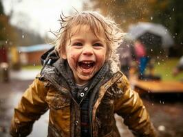 Carefree child joyfully dances in the refreshing rain AI Generative photo