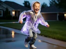 Carefree child joyfully dances in the refreshing rain AI Generative photo