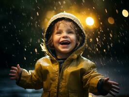 despreocupado niño alegremente bailes en el refrescante lluvia ai generativo foto