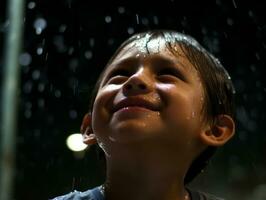 despreocupado niño alegremente bailes en el refrescante lluvia ai generativo foto