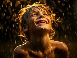 despreocupado niño alegremente bailes en el refrescante lluvia ai generativo foto