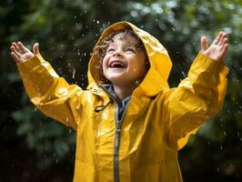 Carefree child joyfully dances in the refreshing rain AI Generative photo