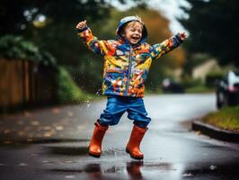 despreocupado niño alegremente bailes en el refrescante lluvia ai generativo foto