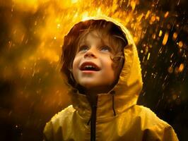 Carefree child joyfully dances in the refreshing rain AI Generative photo