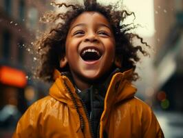 Carefree child joyfully dances in the refreshing rain AI Generative photo